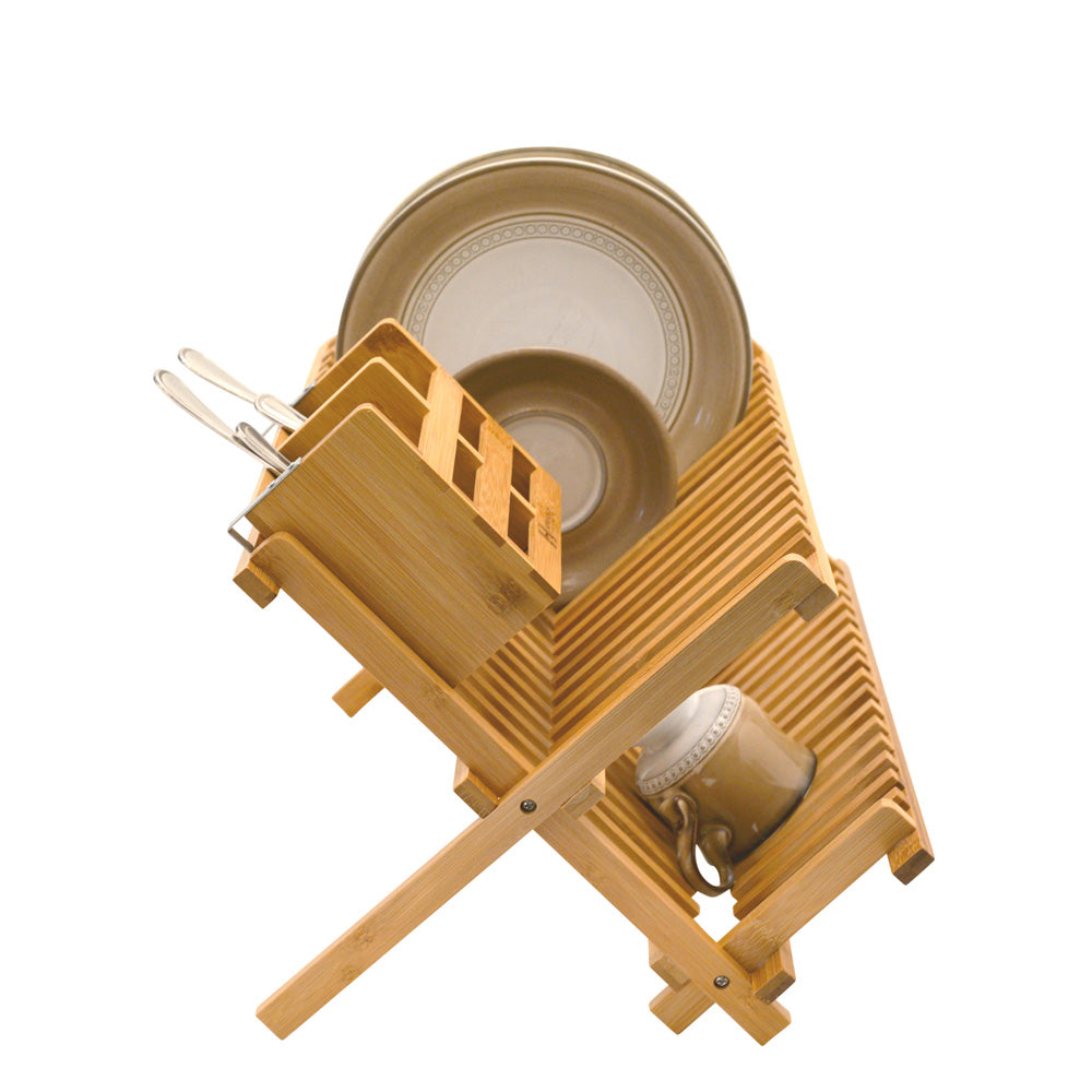 Bamboo Dish Drying Rack With Utensil Holder, Collapsible Wooden